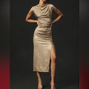 Anthropologie | The Maya Ruched Cowl-Neck Dress: Plus Shine Edition | Gold | XS